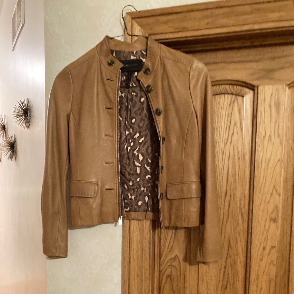 BCBG Cognac Leather Jacket with Leopard Lining